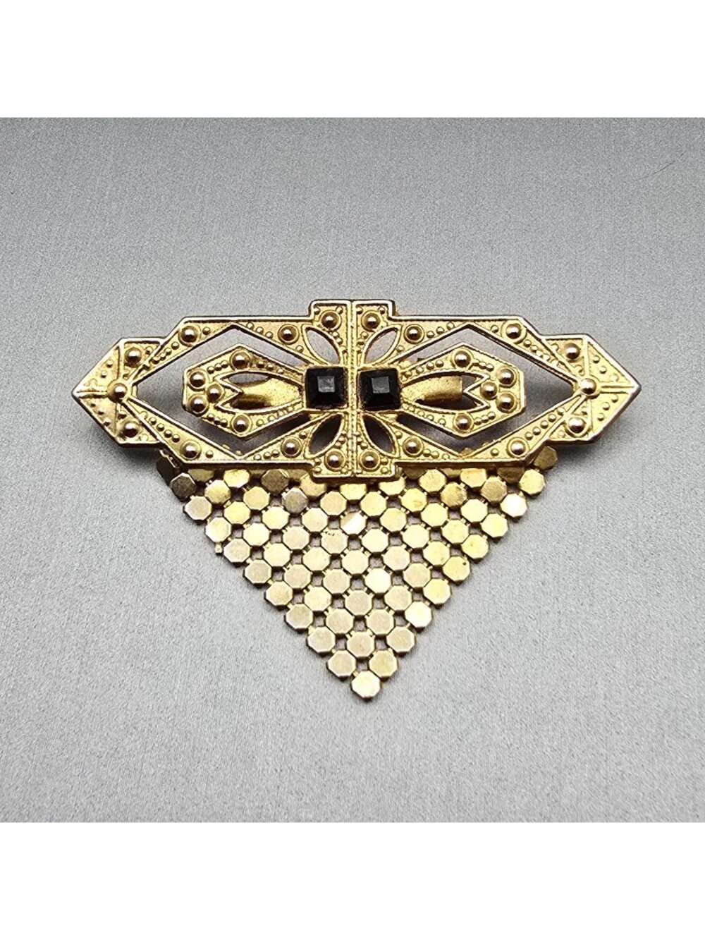 Vintage Art Deco Brooch 2.5" Black Glass Brass Chainmail Mesh Bib Pin